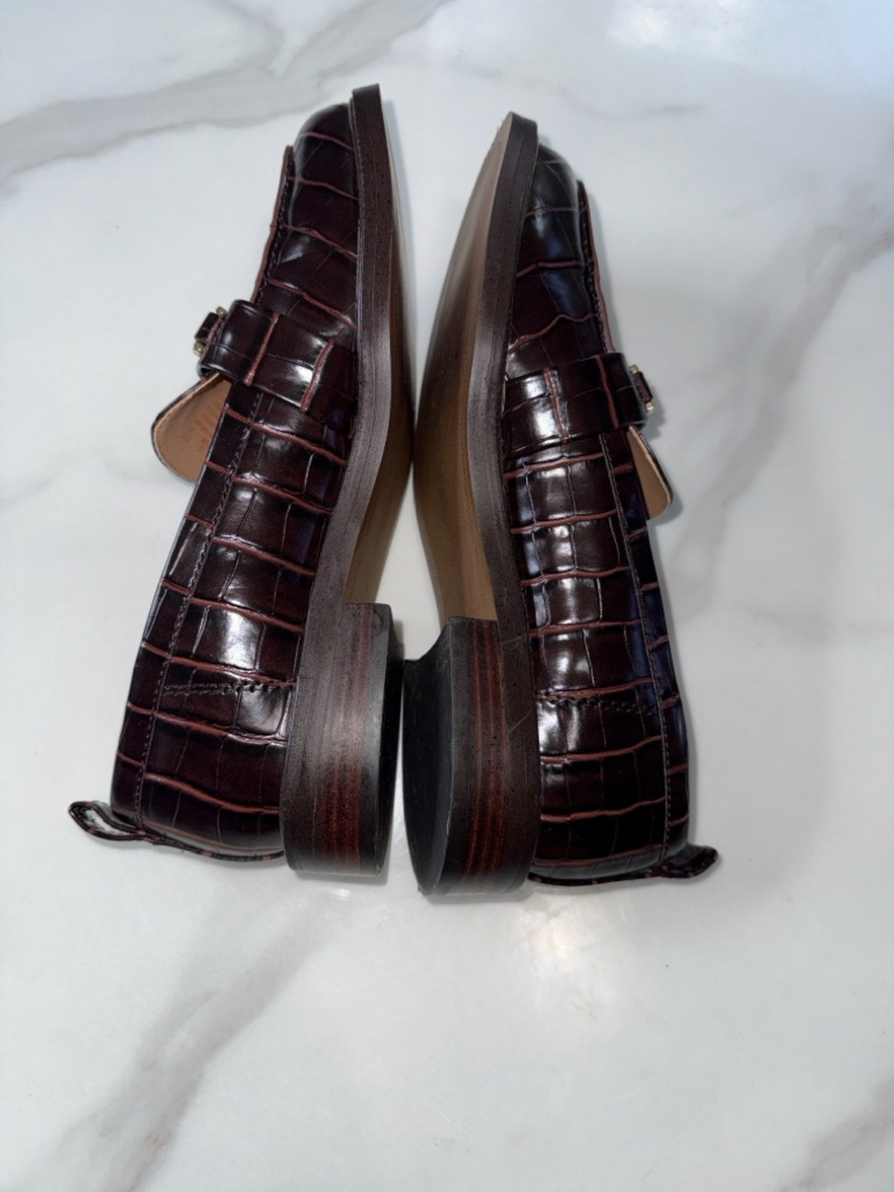 Sam Edelman Dark Brown Croc-Embossed Leather Loafers with Gold Hardware - Picture 6 of 8